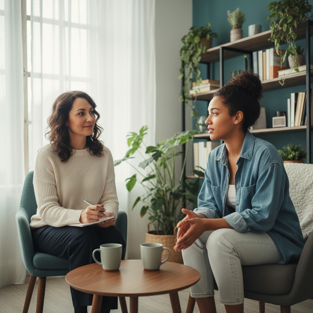 Uma terapeuta sentada em uma poltrona anota observações enquanto conversa com uma jovem em um consultório acolhedor.