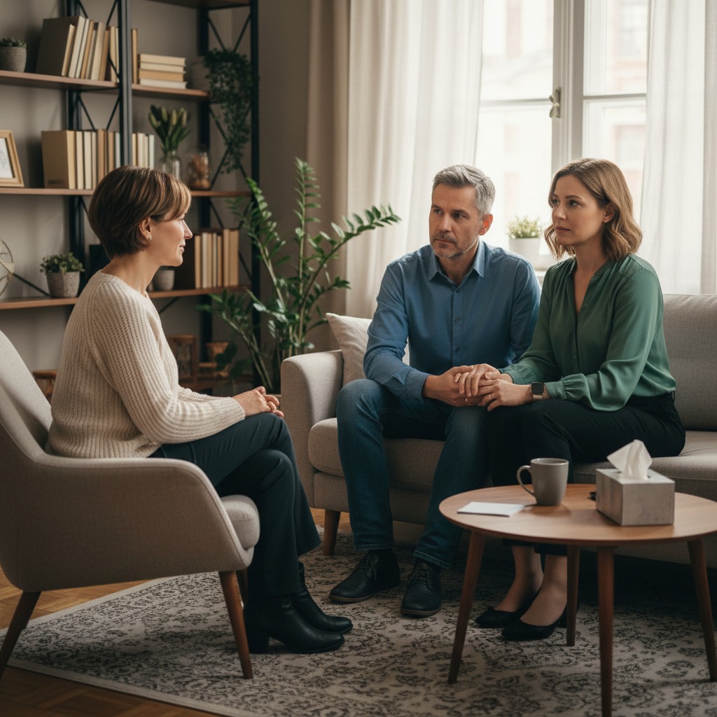 Um casal sentado em um sofá conversa com uma terapeuta em um consultório acolhedor.